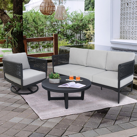 International Concepts Outdoor 3 Piece Patio Furniture Set Including the Sofa, Coffee Table, and Swivel Rocking Chair KODOT-12RC-201SW-203